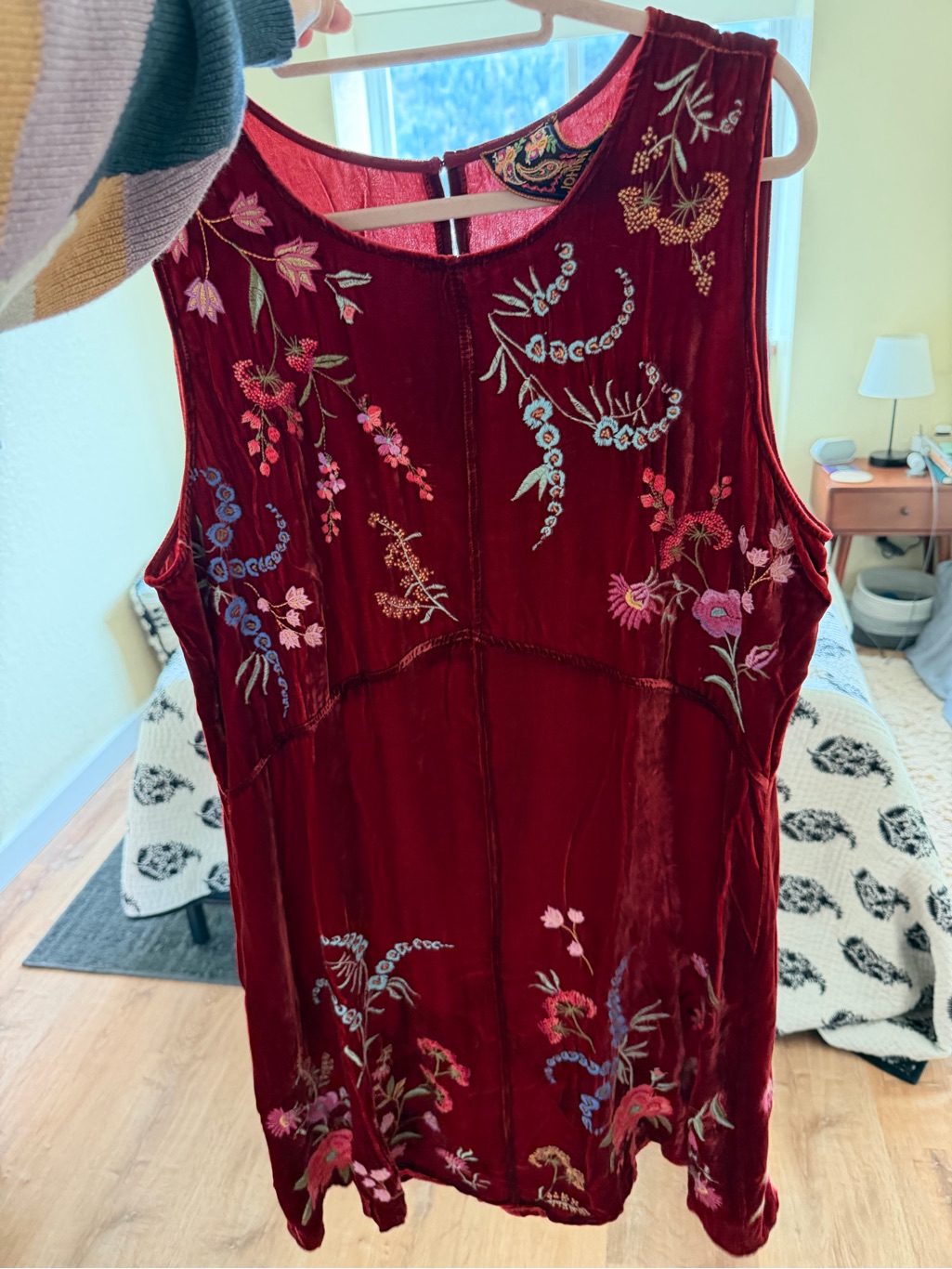 Nwt Johnny Was Embroidered Velvet Dress In Deep Wine Red